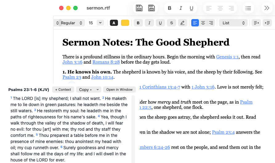 BibleWrite on macOS, with Scripture references underlined automatically