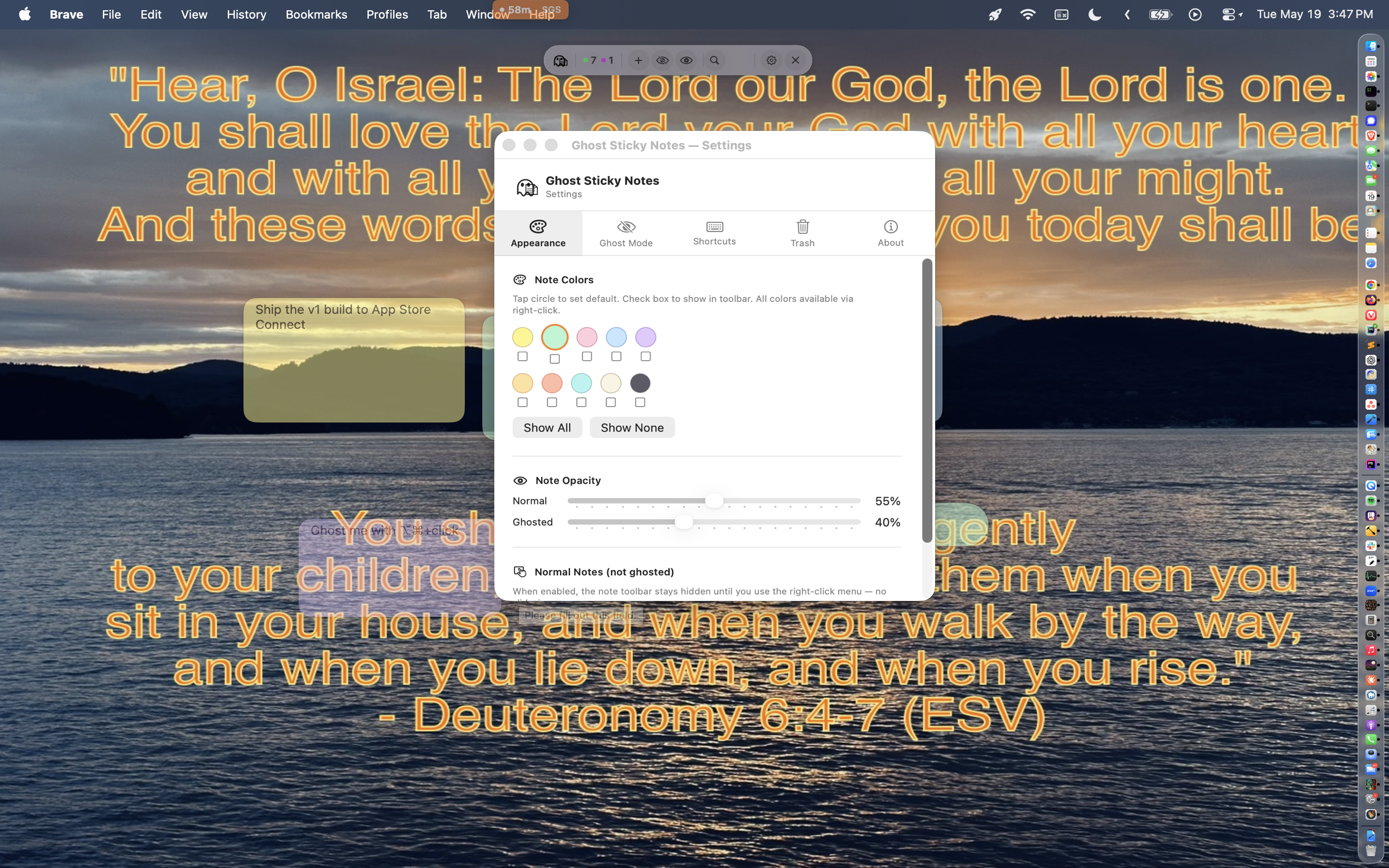 Settings window