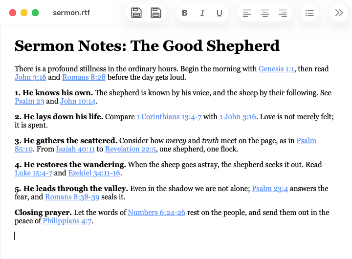 KinsWrite on macOS, with Scripture references underlined automatically