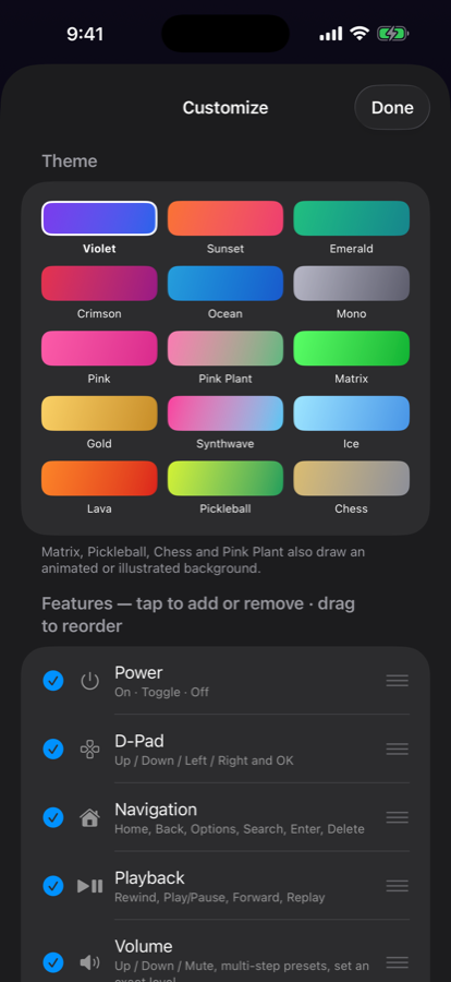 Customize: 15 themes and a draggable list of features