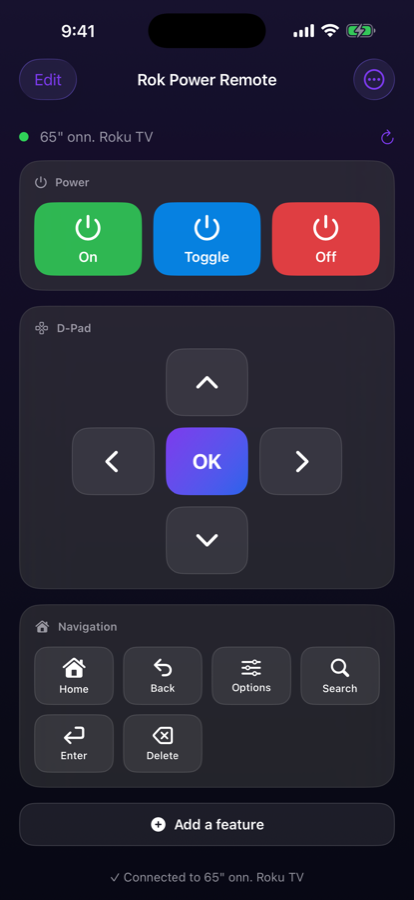 The remote: power buttons, D-pad and navigation