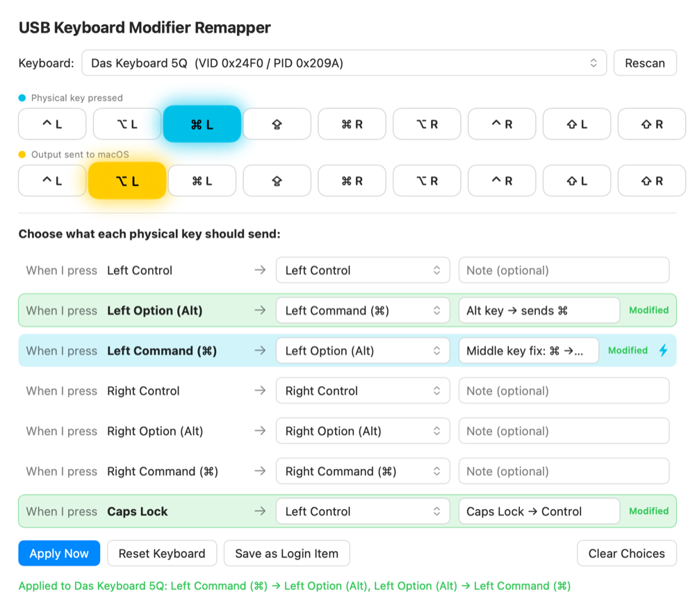 USB Keyboard Modifier Remap — remapping with live key preview