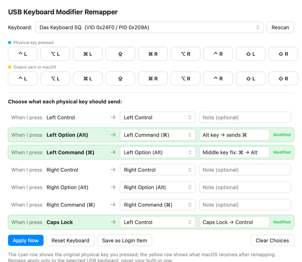 USB Keyboard Modifier Remap — modifier mapping table